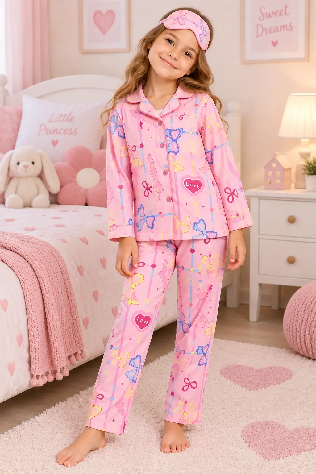 Kız Çocuk Düğmeli-Baskılı Pijama Takımı 